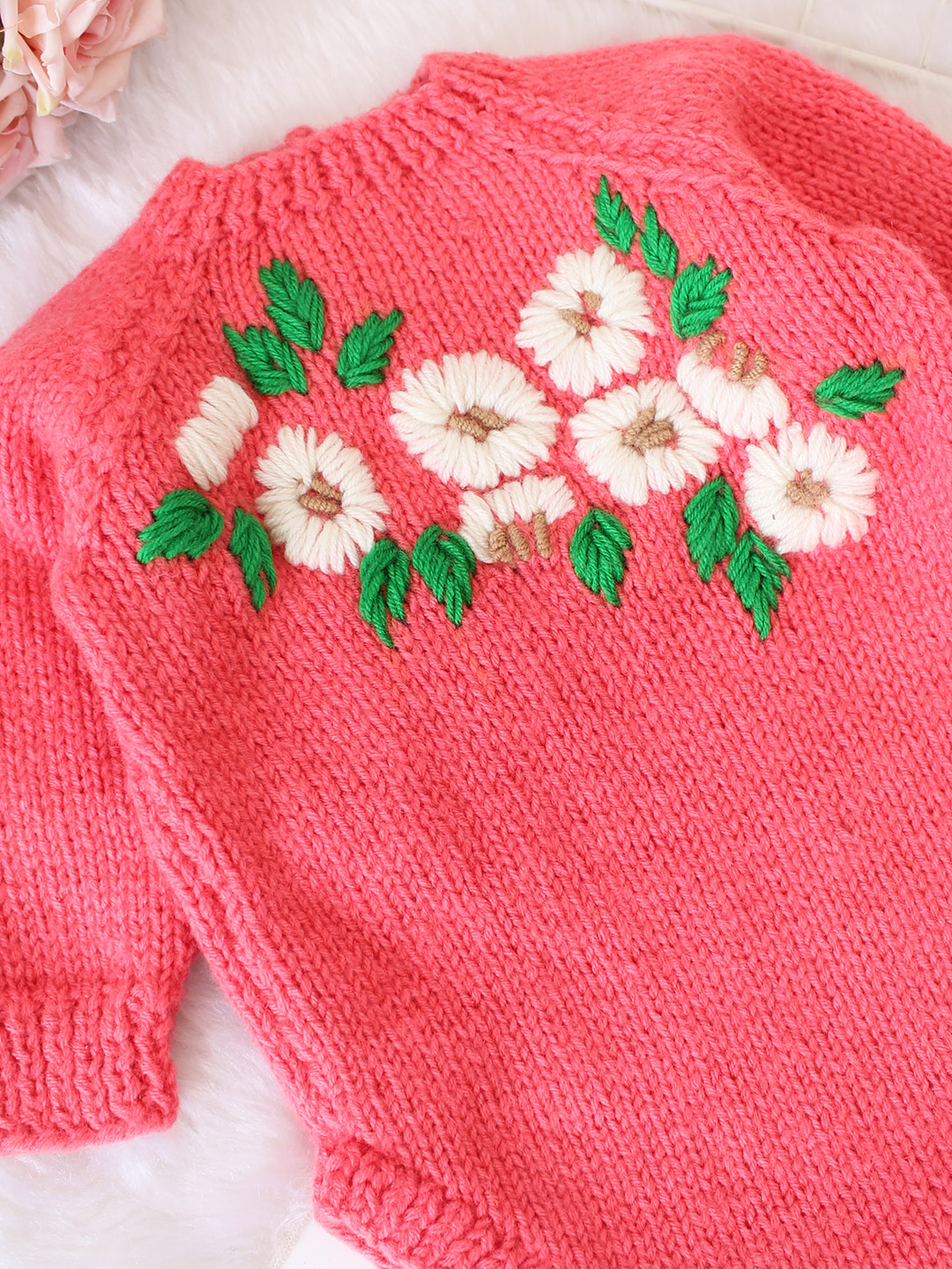 Handknitted Full Raglan Sleeves Floral Embroidered Romper - Peach