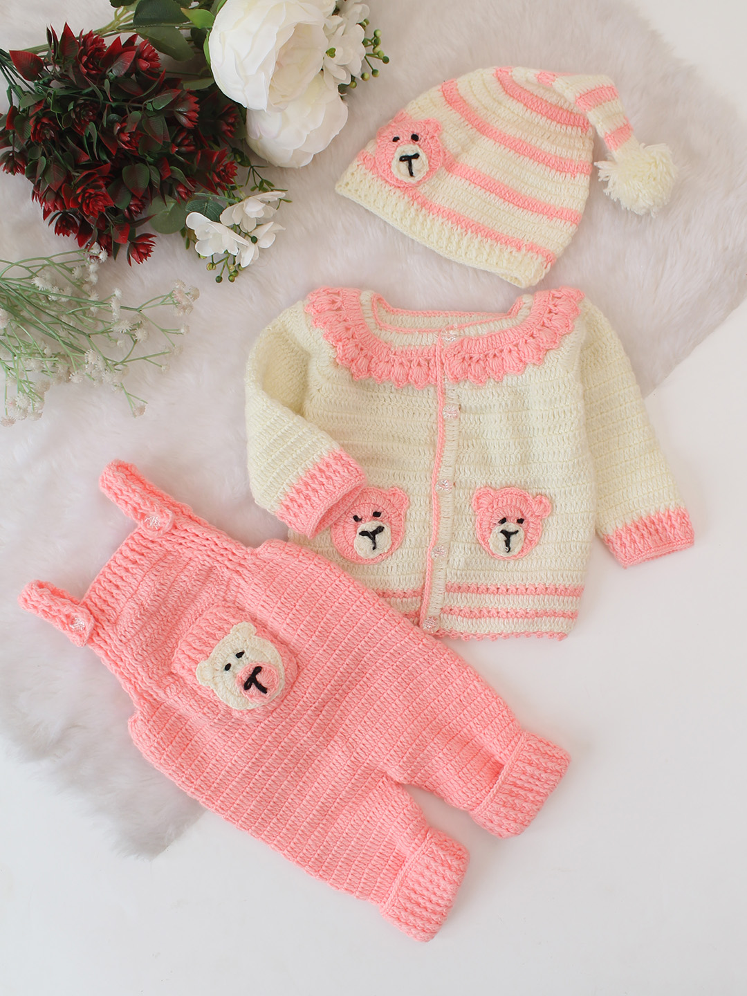 Woonie Handknitted Dungaree with Contrast Sweater and Cap - Peach