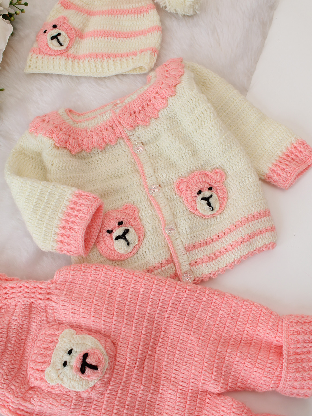 Woonie Handknitted Dungaree with Contrast Sweater and Cap - Peach