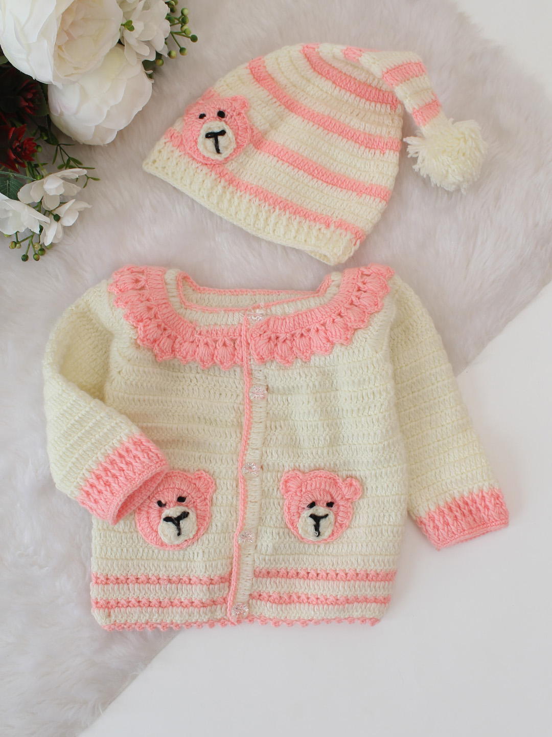 Woonie Handknitted Dungaree with Contrast Sweater and Cap - Peach