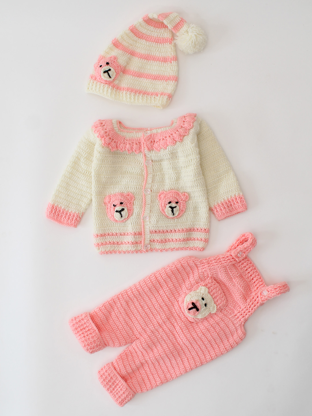 Woonie Handknitted Dungaree with Contrast Sweater and Cap - Peach
