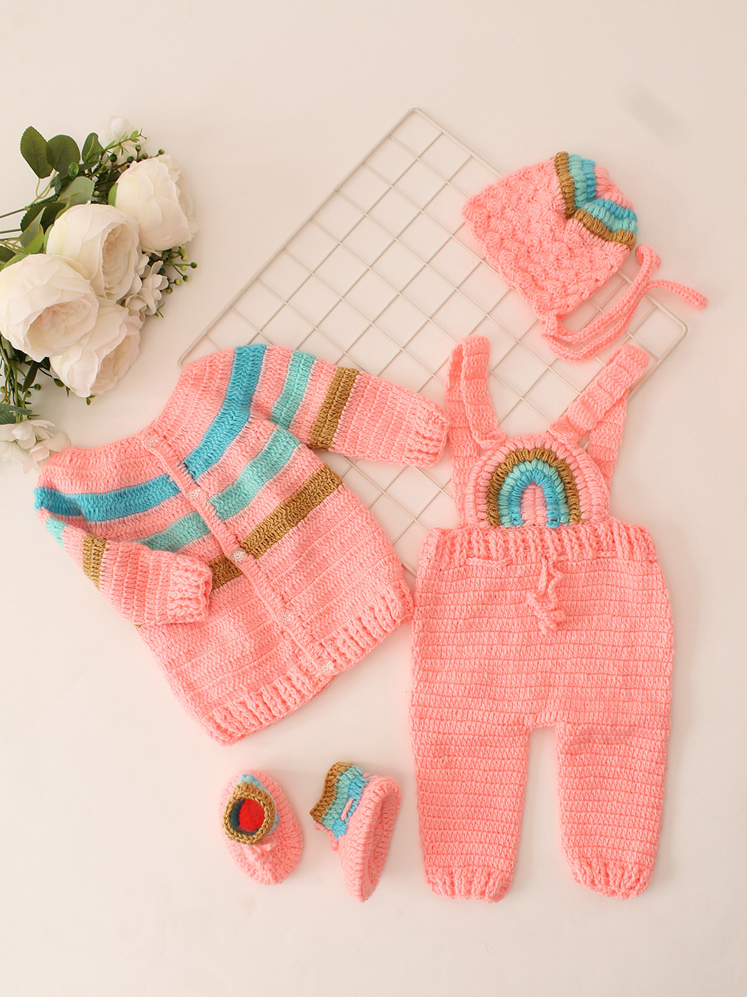 Woonie Crochet Dungaree with Sweater and Cap & 1 Pair of Booties - Peach