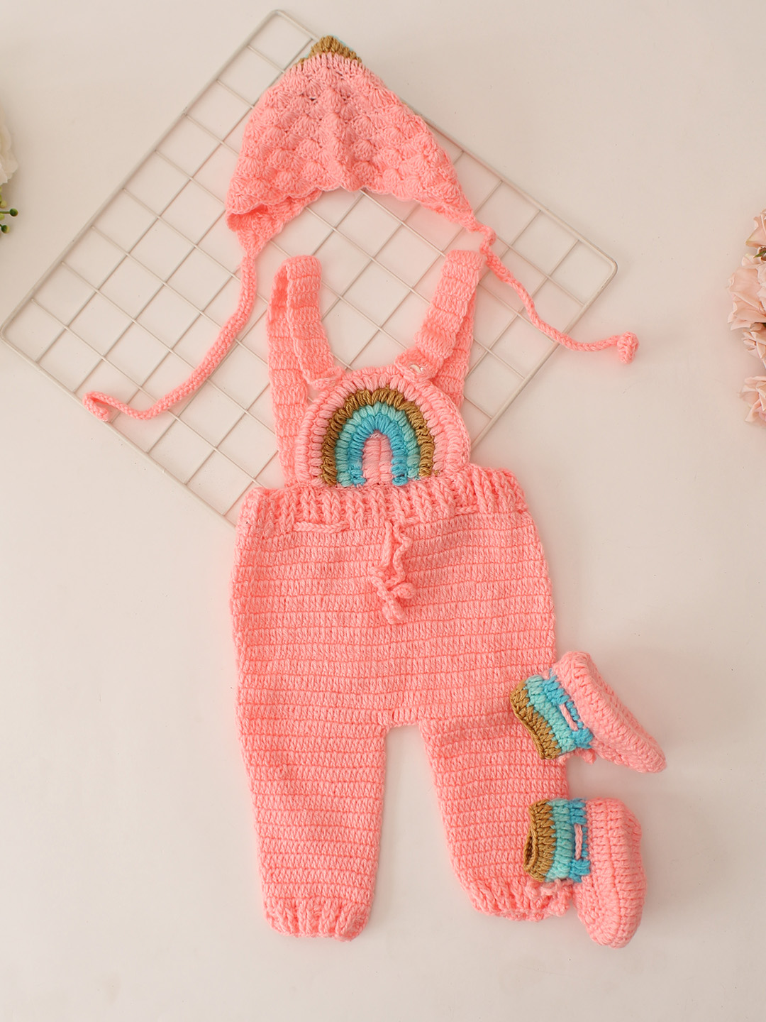 Woonie Crochet Dungaree with Sweater and Cap & 1 Pair of Booties - Peach