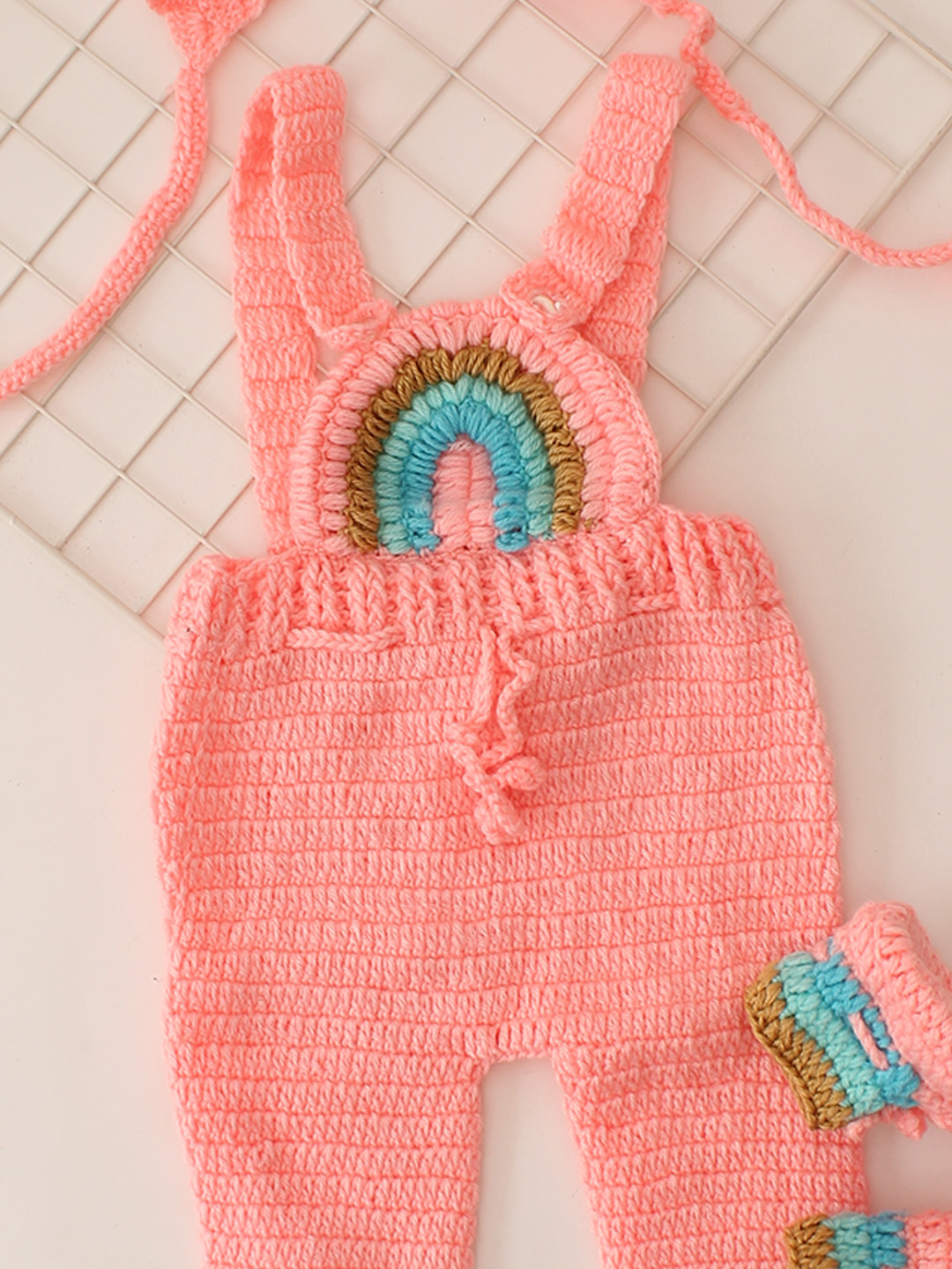 Woonie Crochet Dungaree with Sweater and Cap & 1 Pair of Booties - Peach