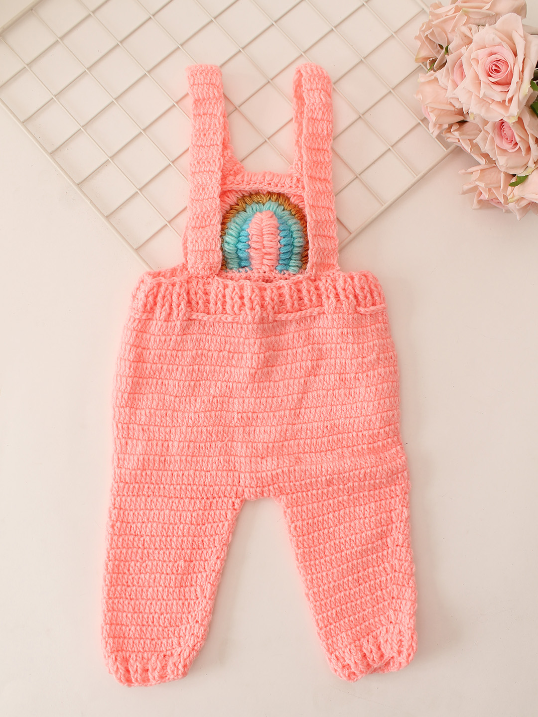 Woonie Crochet Dungaree with Sweater and Cap & 1 Pair of Booties - Peach