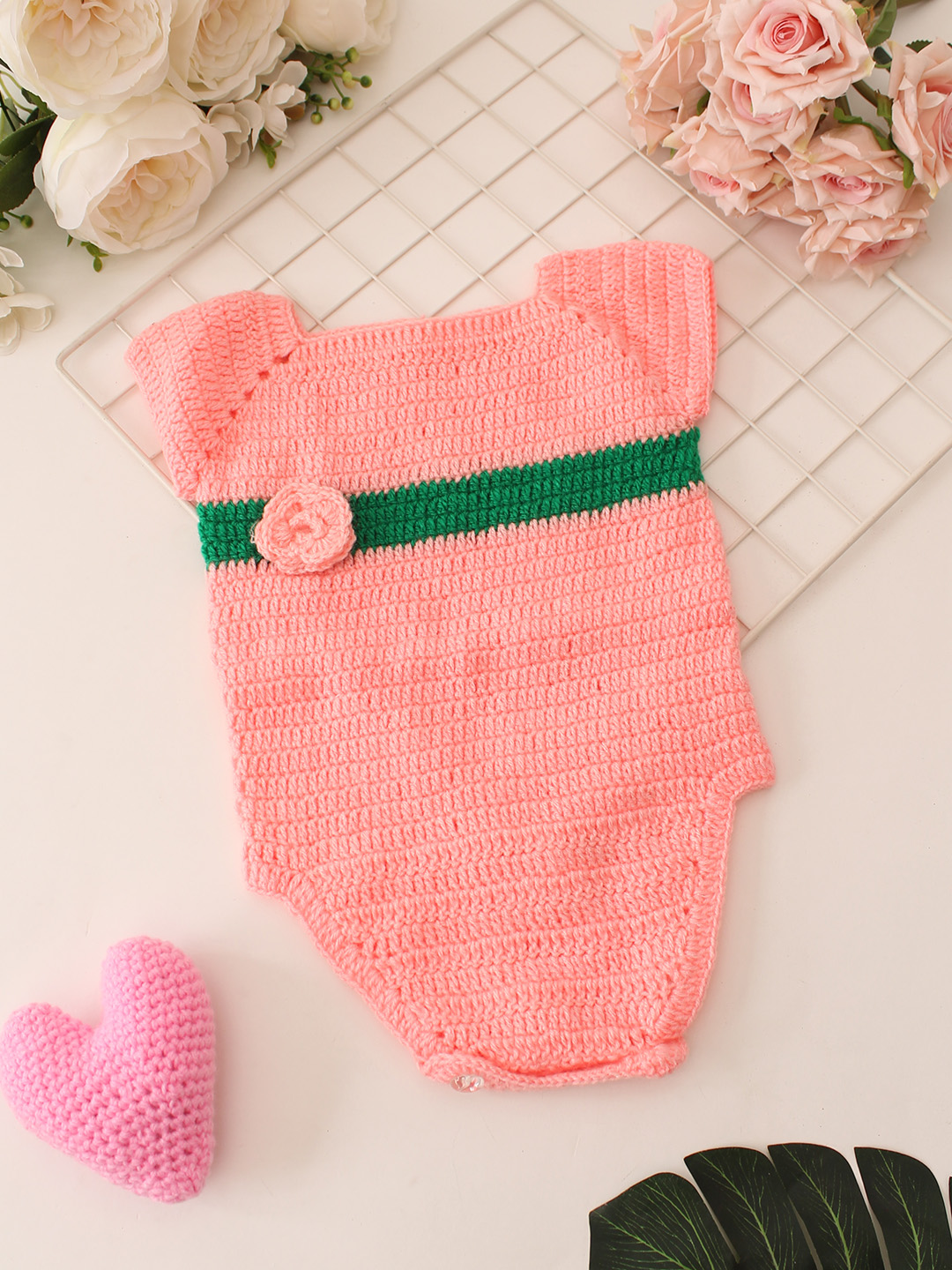 Woonie Crochet Floral Romper - Peach