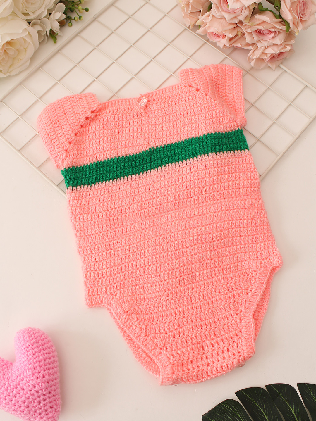Woonie Crochet Floral Romper - Peach