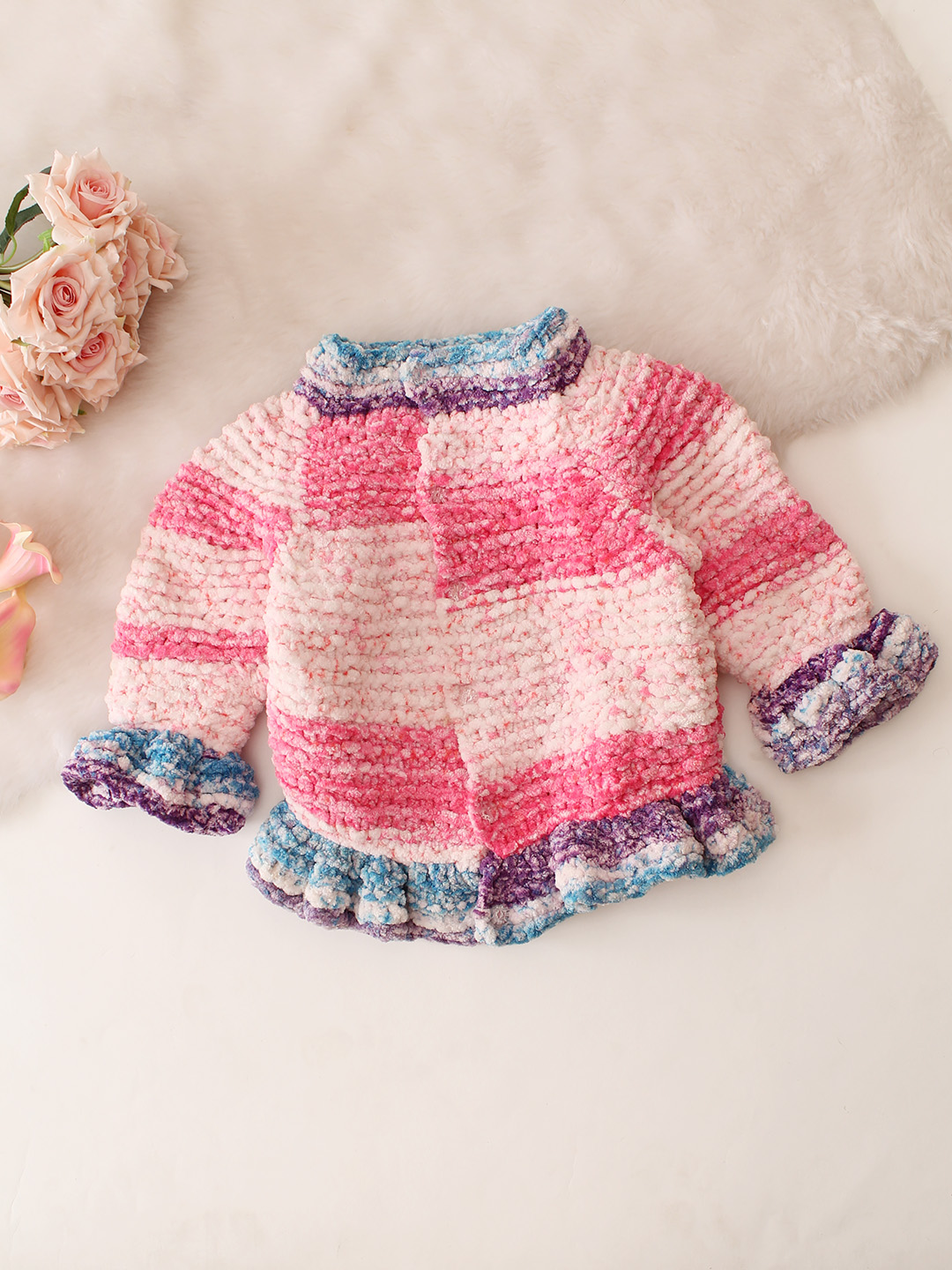 Shaded Garter Stitch Cardigan with Frill Sleeve - Pink
