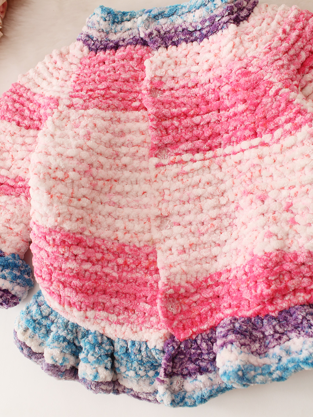 Shaded Garter Stitch Cardigan with Frill Sleeve - Pink