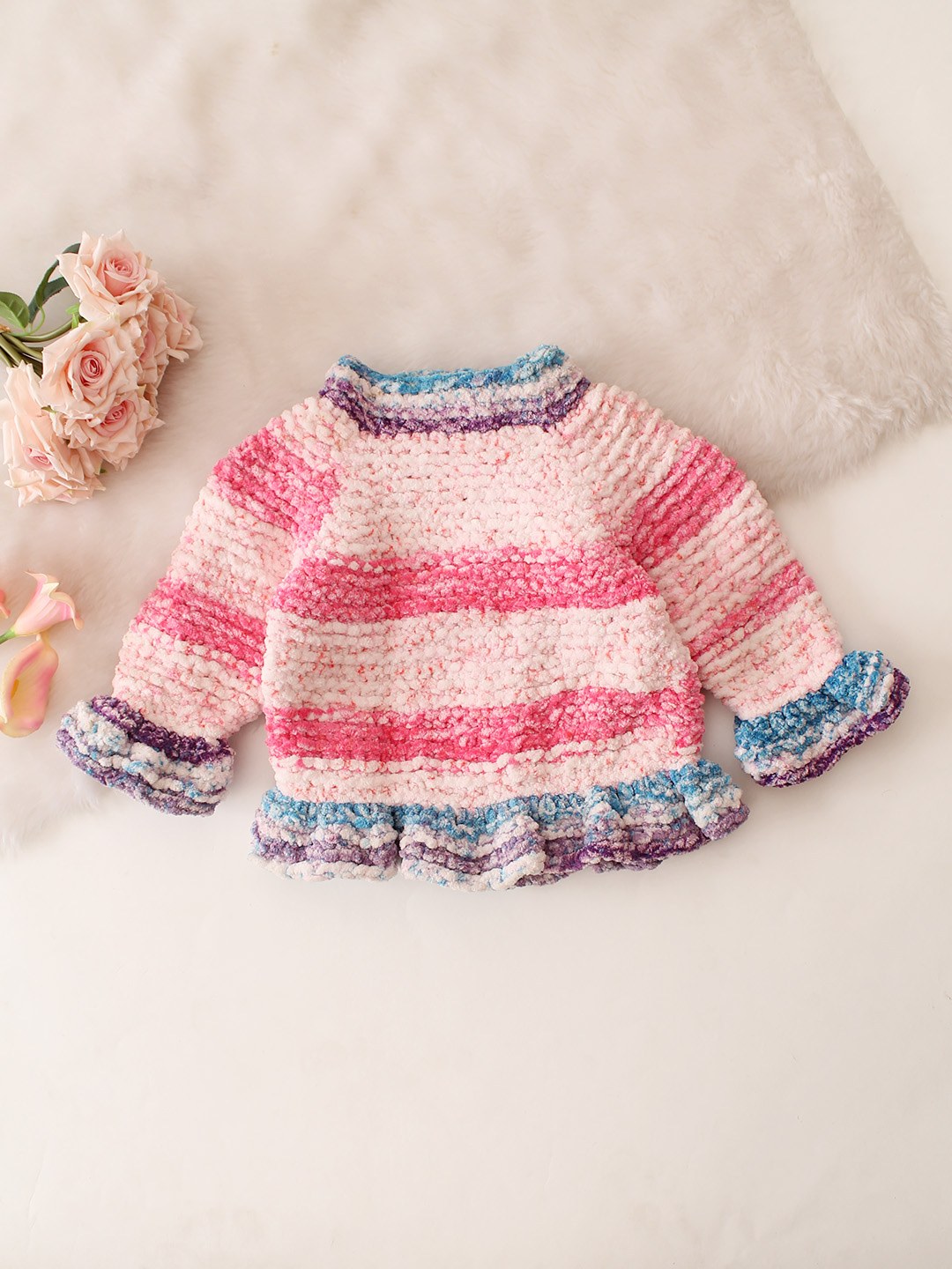 Shaded Garter Stitch Cardigan with Frill Sleeve - Pink