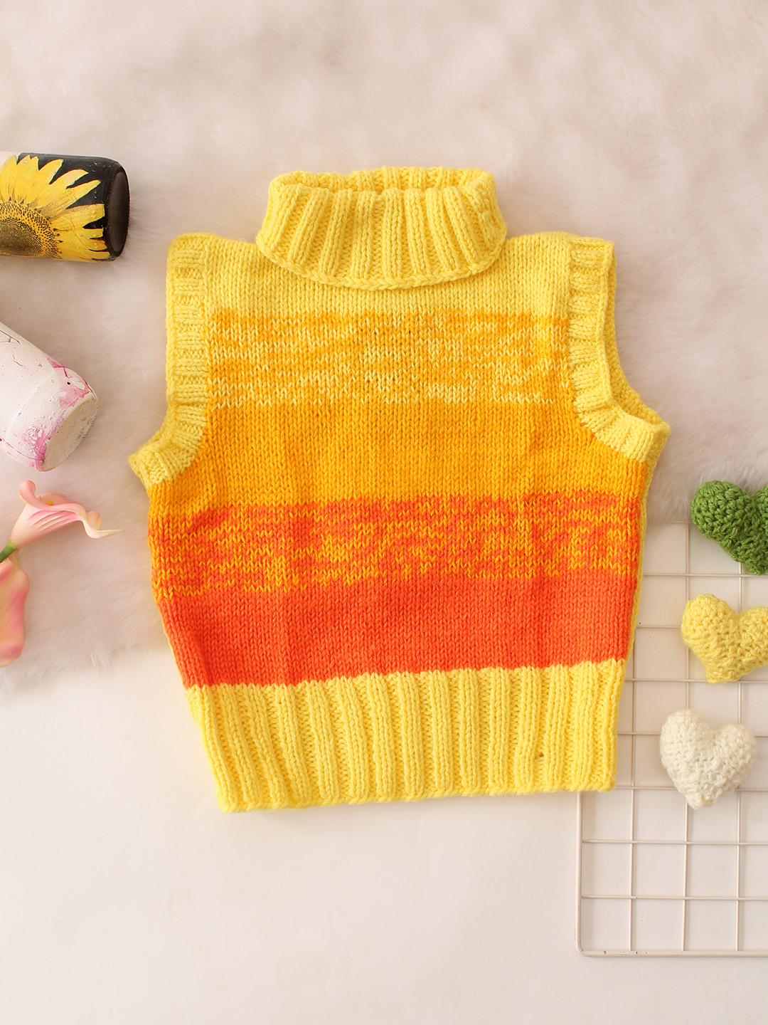 Shaded Handknitted Polo Neck Sweater - Yellow