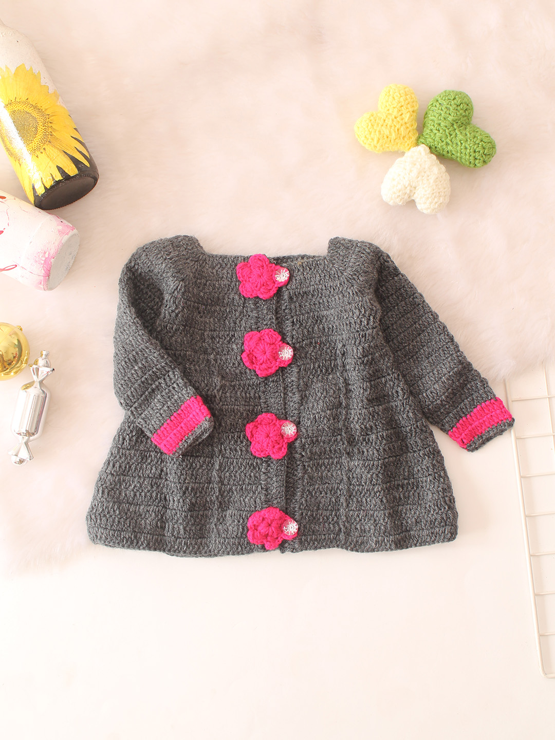 Floral Crochet Longline Blazer for Kids - Grey