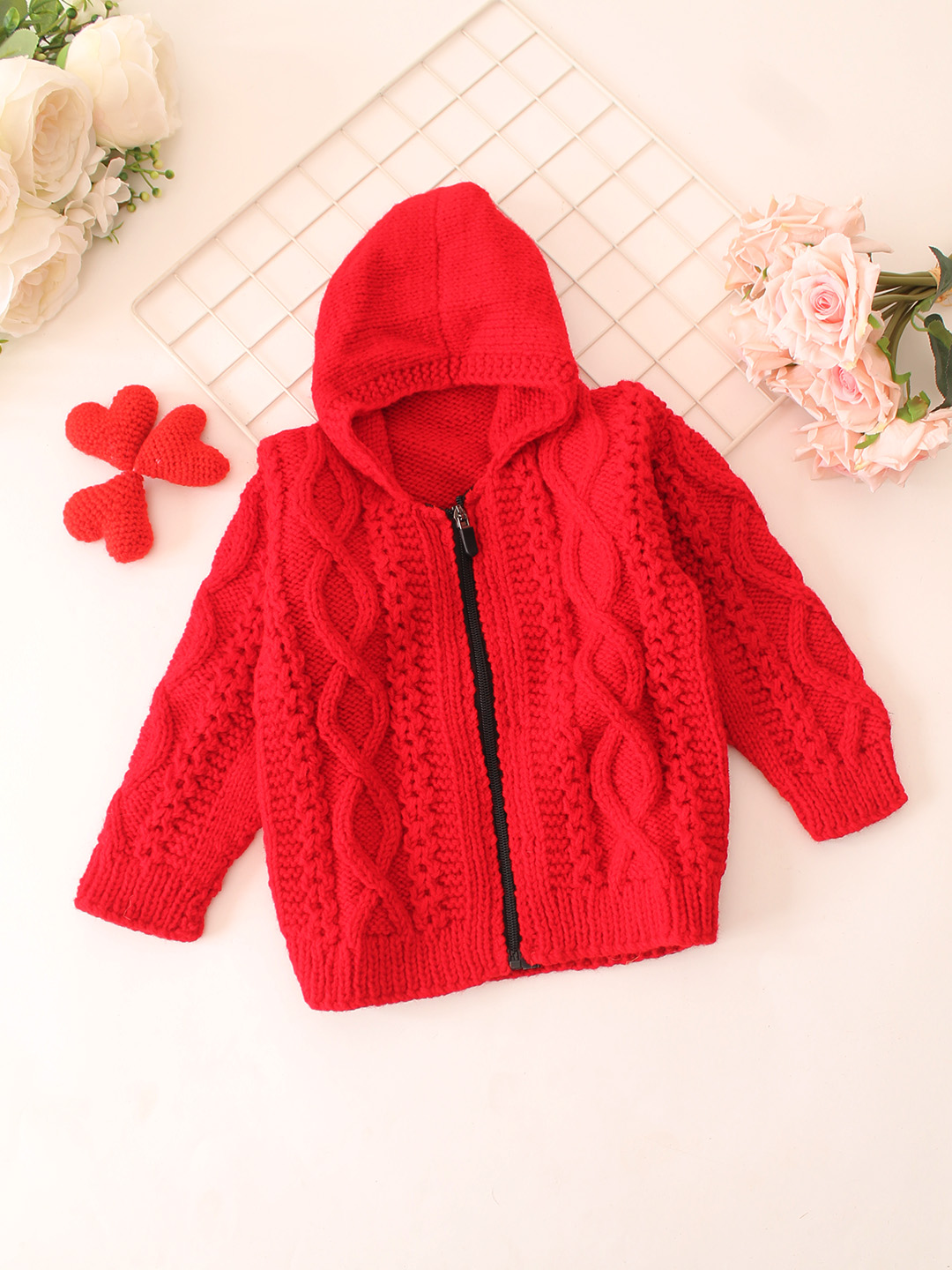 Cable Knit Hooded Sweater With Zip - Red