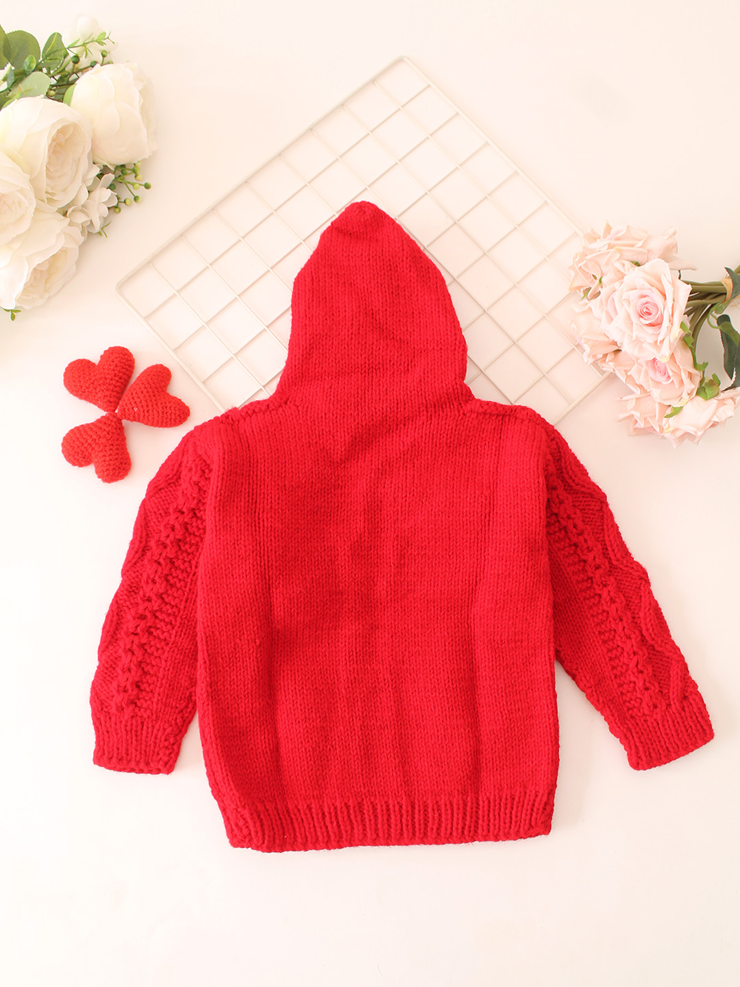 Cable Knit Hooded Sweater With Zip - Red
