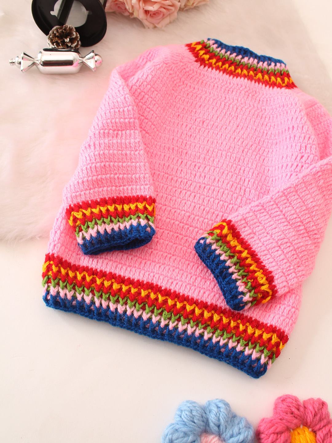 Striped Muticolored Border Sweater - Pink