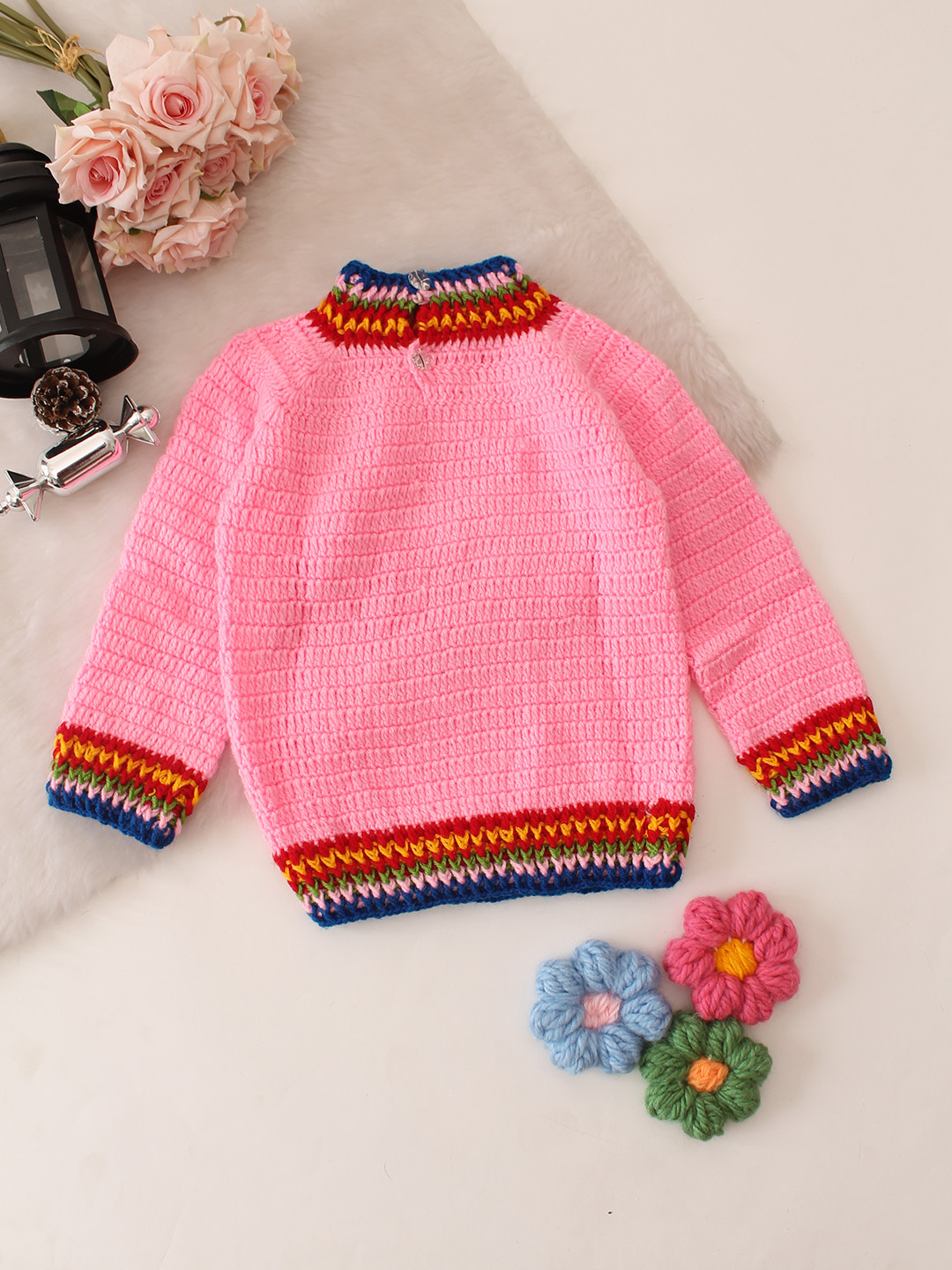 Striped Muticolored Border Sweater - Pink