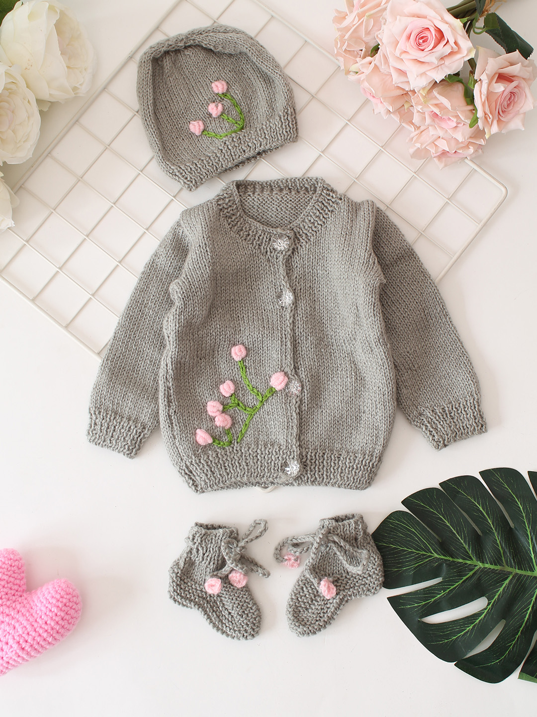 Embroidered Floral Baby Sweater Set - Grey