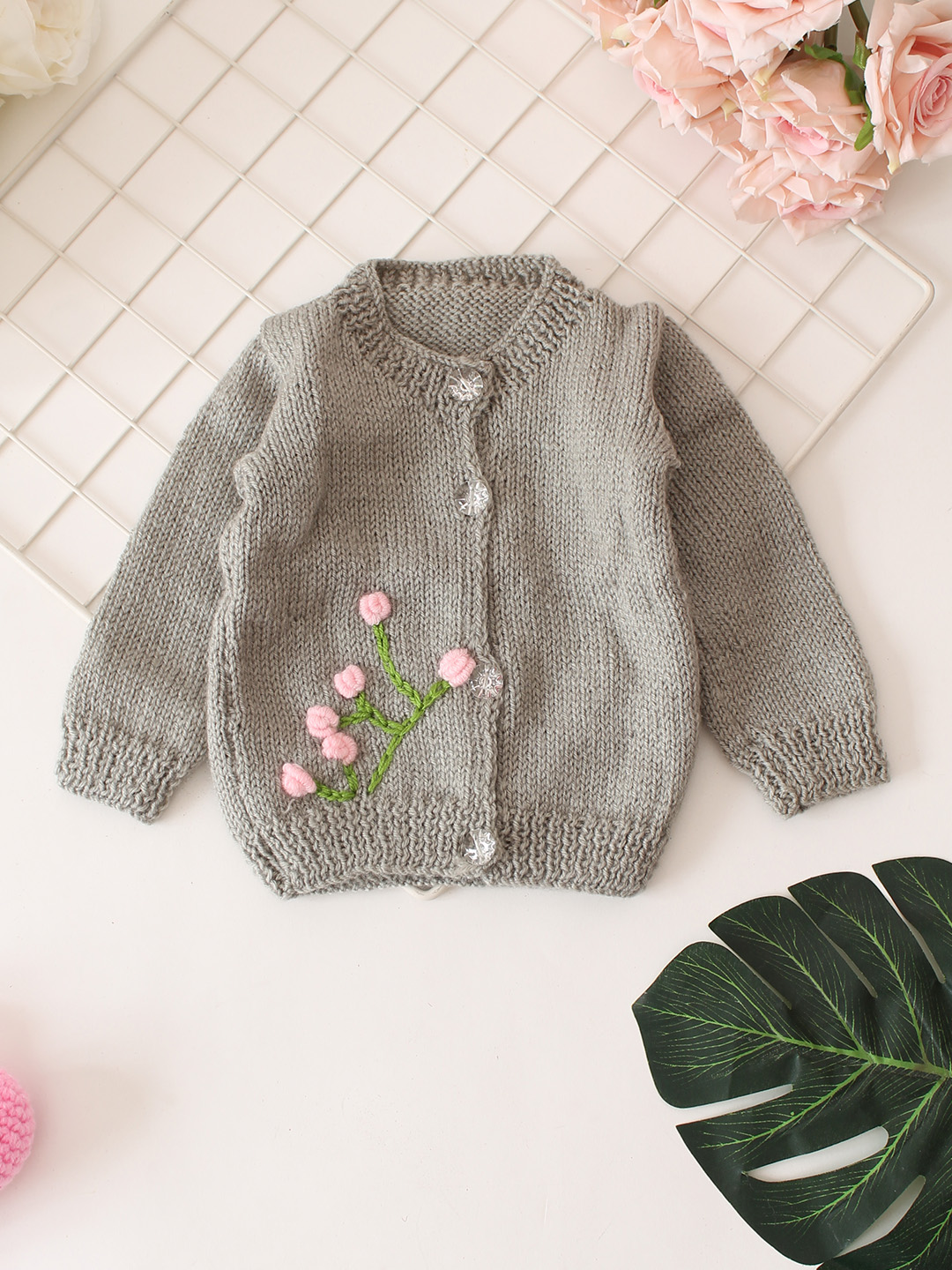 Embroidered Floral Baby Sweater Set - Grey