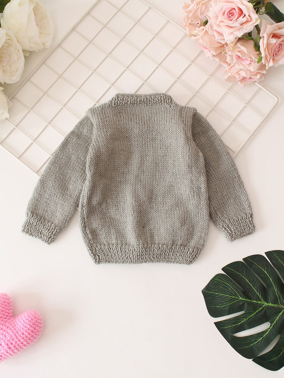 Embroidered Floral Baby Sweater Set - Grey