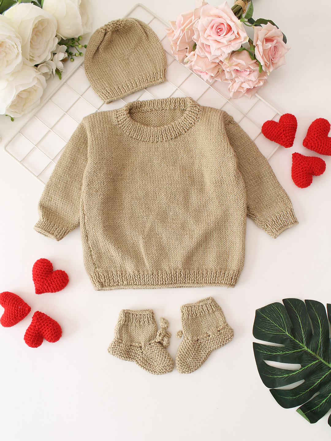 Round Neck Baby Sweater Set - Beige