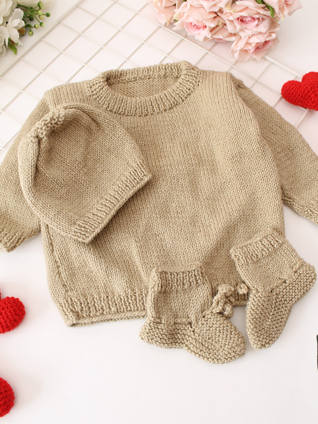 Round Neck Baby Sweater Set - Beige