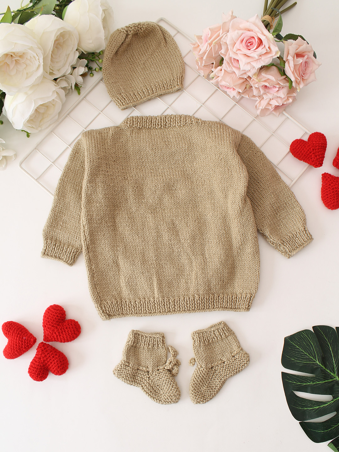 Round Neck Baby Sweater Set - Beige