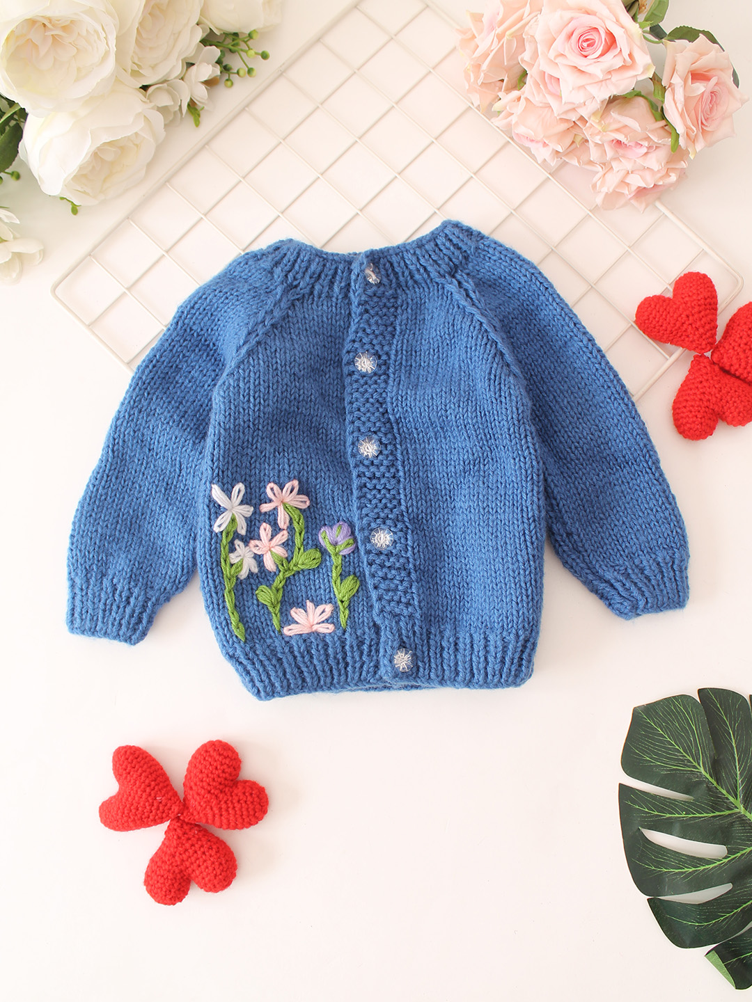 Floral Embroidered Cardigan - Blue