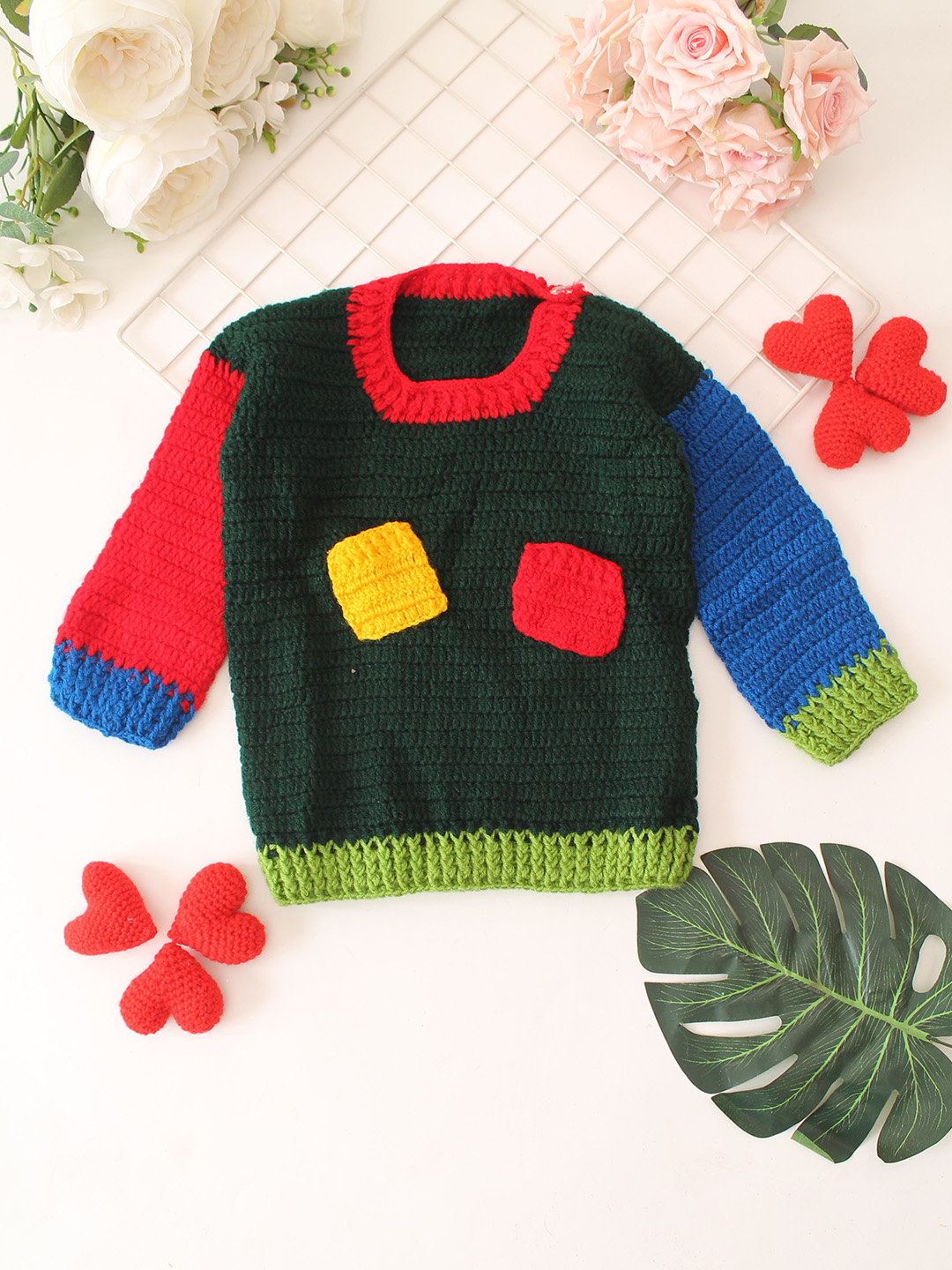 Pocket Detailed Color Block Pullover - Dark Green