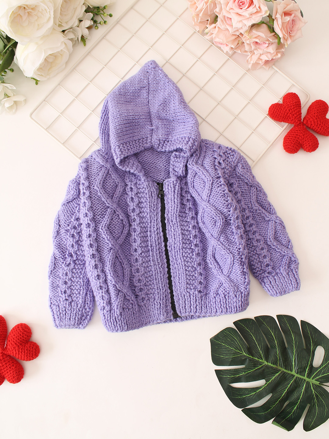 Cable Knit Hooded Cardigan with Zip Detail - Lavender