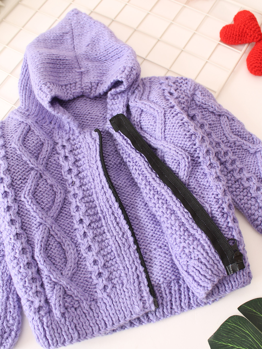 Cable Knit Hooded Cardigan with Zip Detail - Lavender