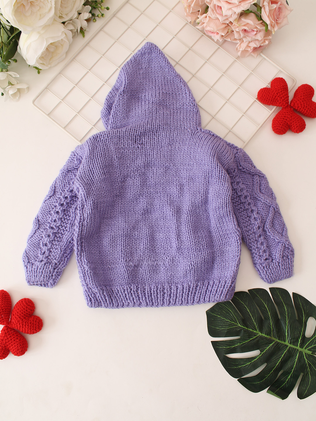 Cable Knit Hooded Cardigan with Zip Detail - Lavender