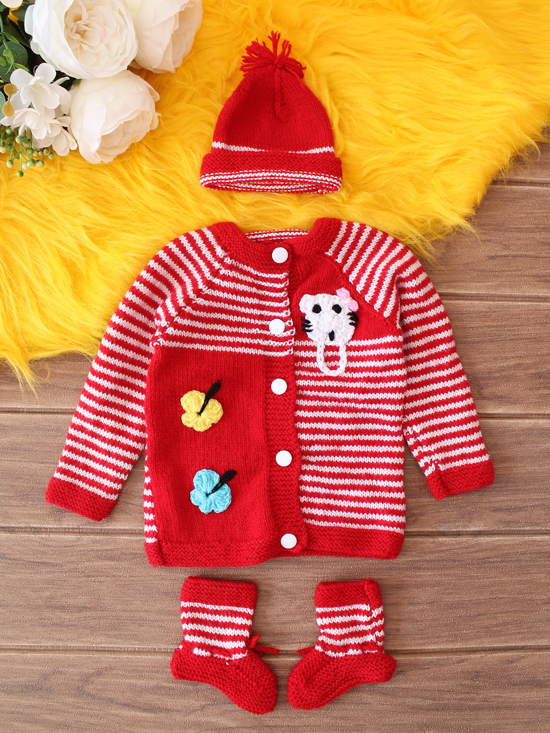 Striped Butterfly Appliques Baby Sweater Set - Red