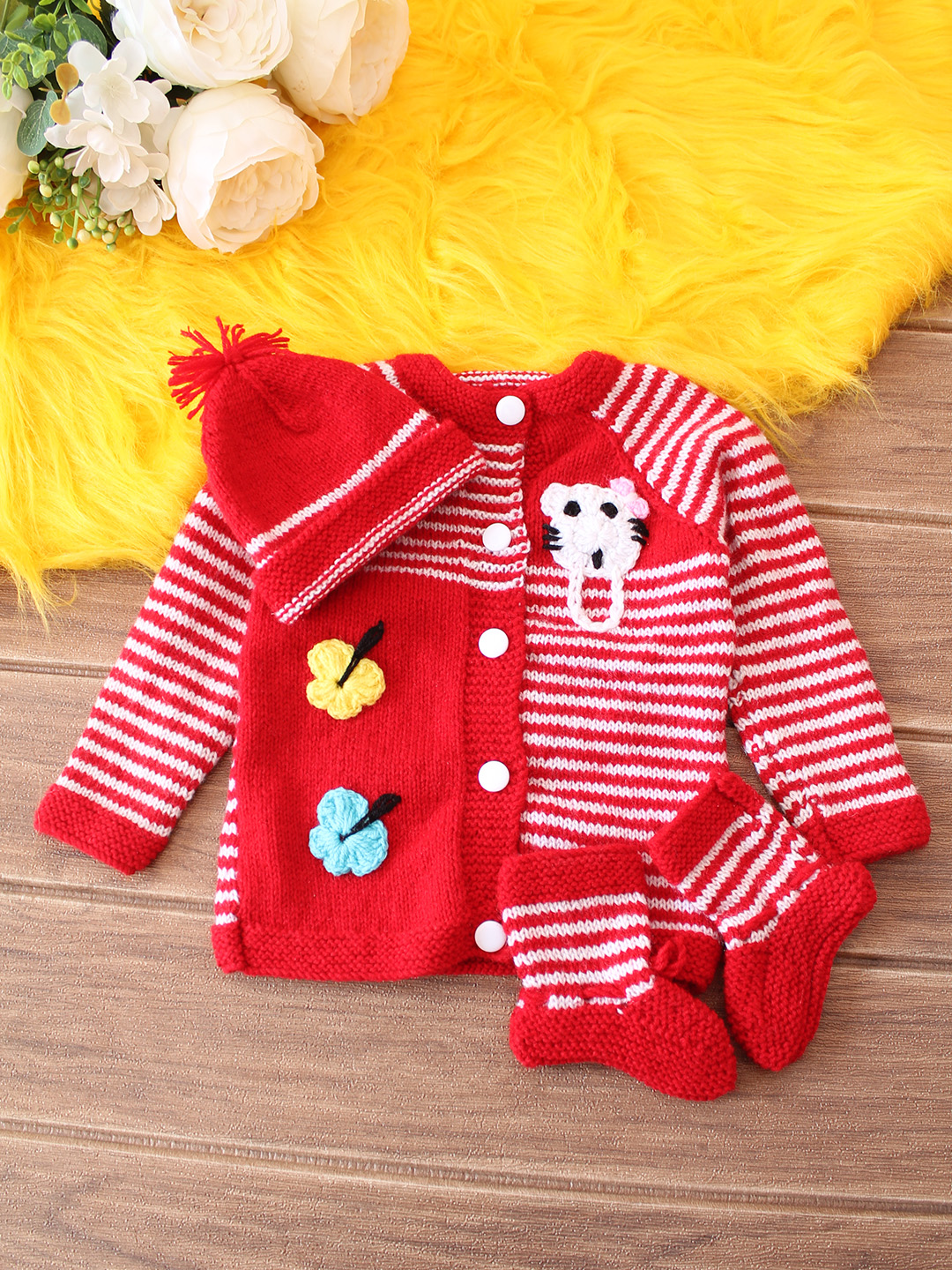 Striped Butterfly Appliques Baby Sweater Set - Red