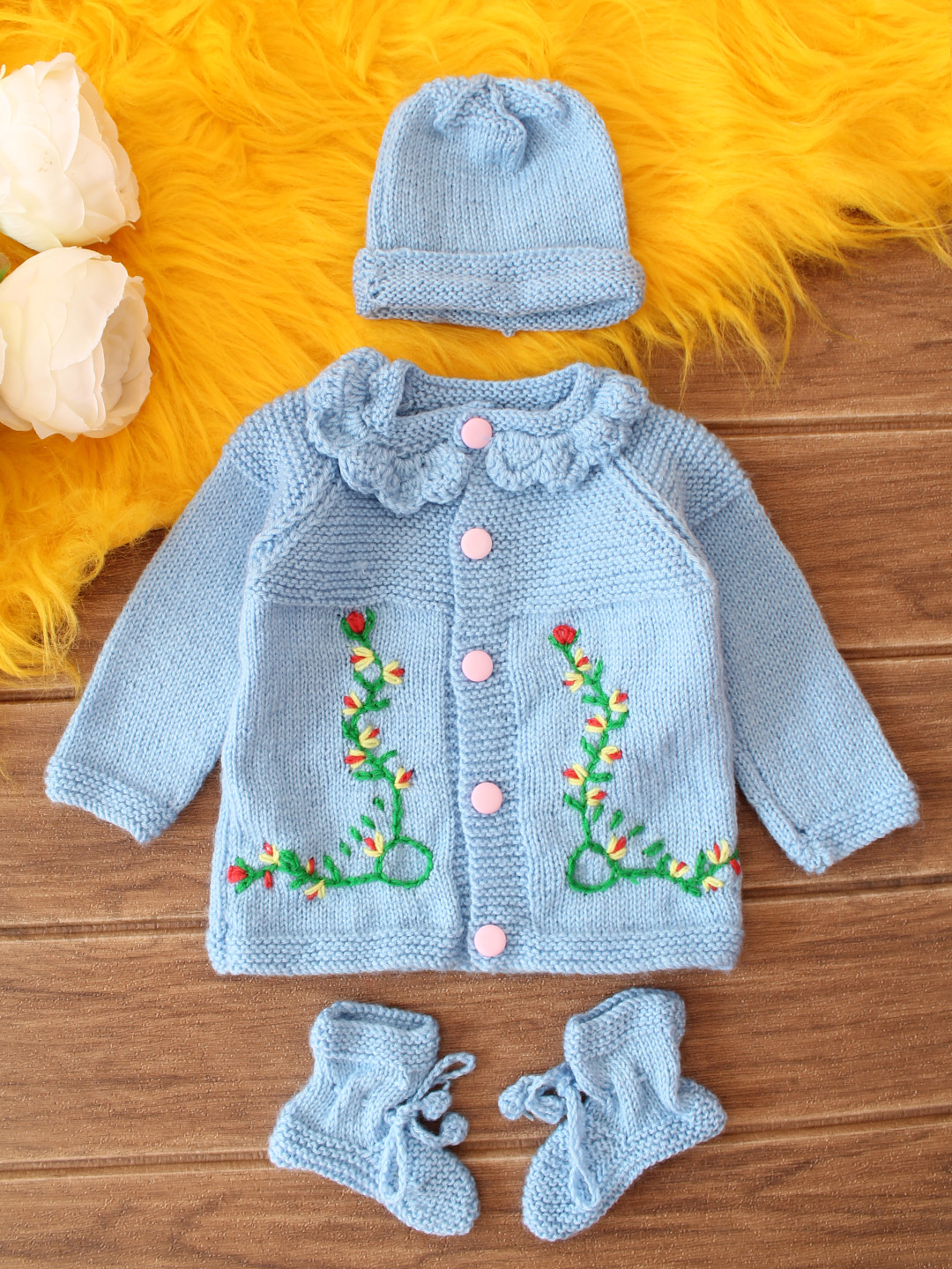 Embroidered Baby Sweater Set - Blue