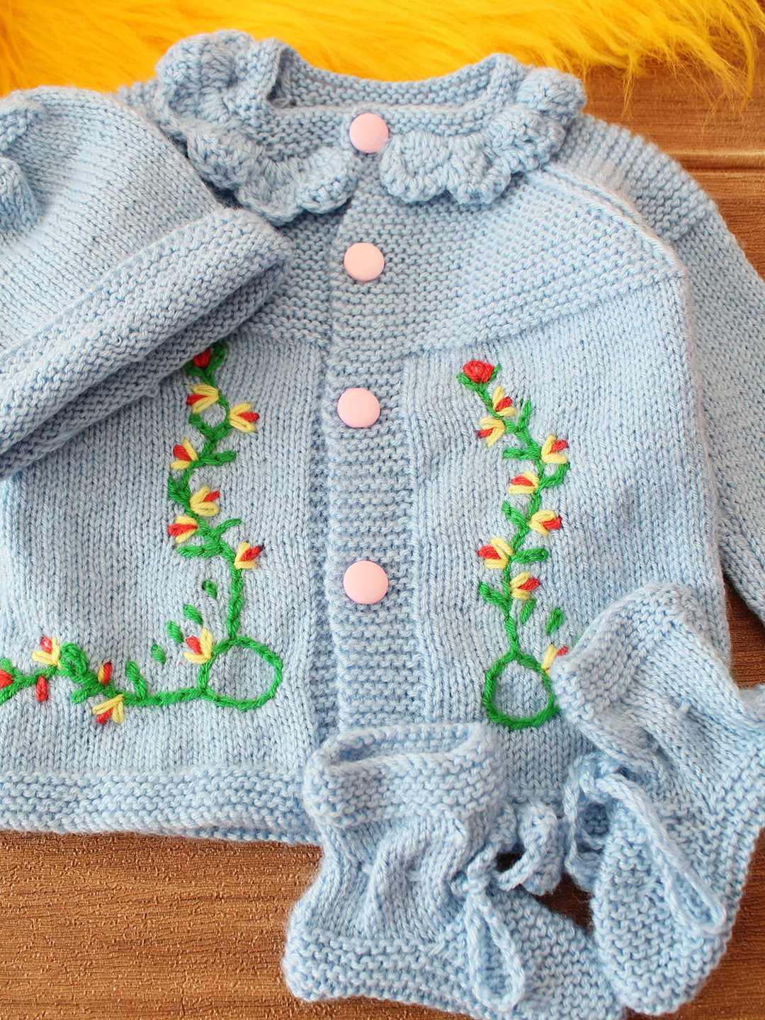 Embroidered Baby Sweater Set - Blue