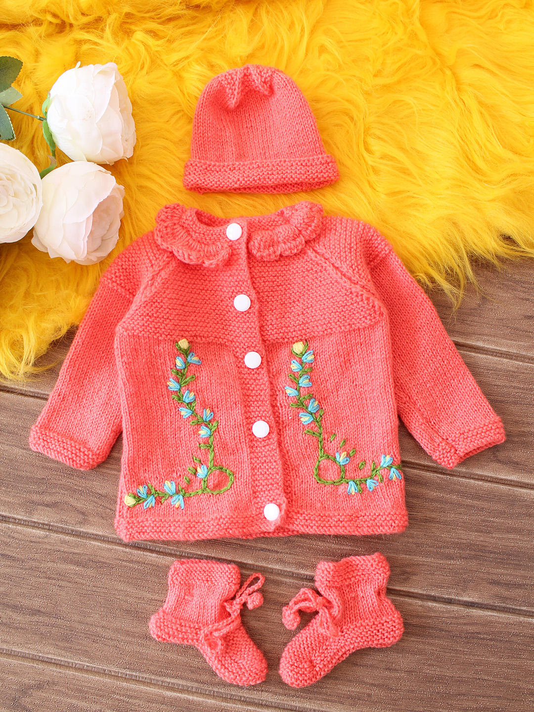 Embroidered Baby Sweater Set - Peach