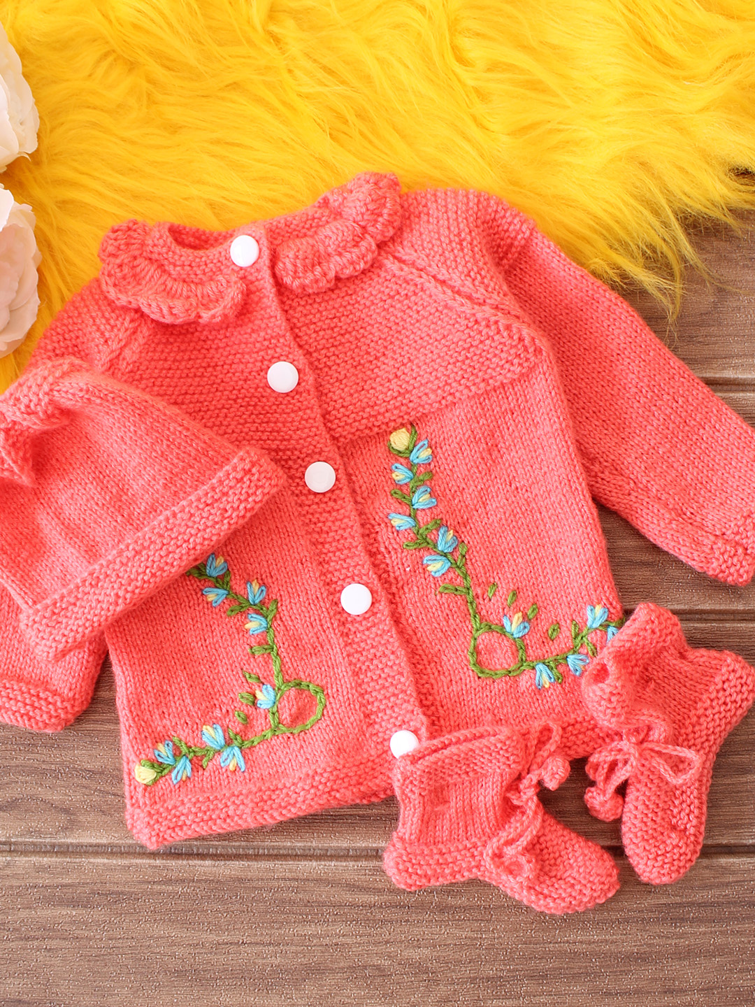 Embroidered Baby Sweater Set - Peach