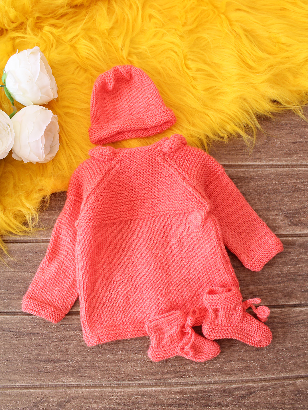 Embroidered Baby Sweater Set - Peach