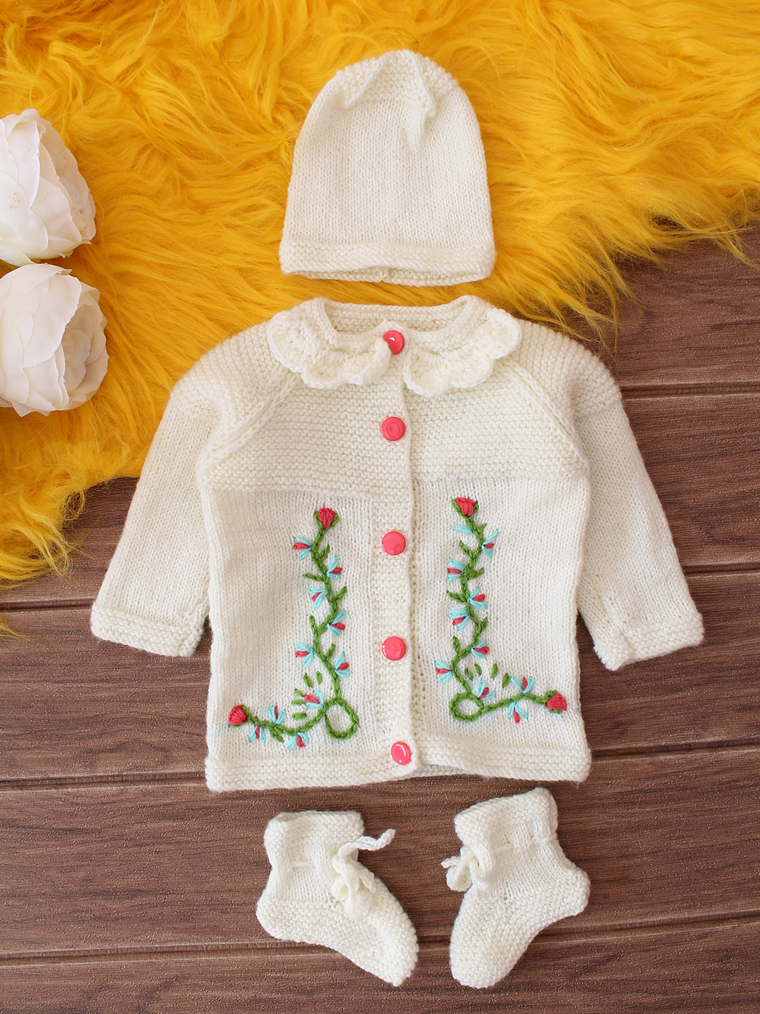 Embroidered Baby Sweater Set - White