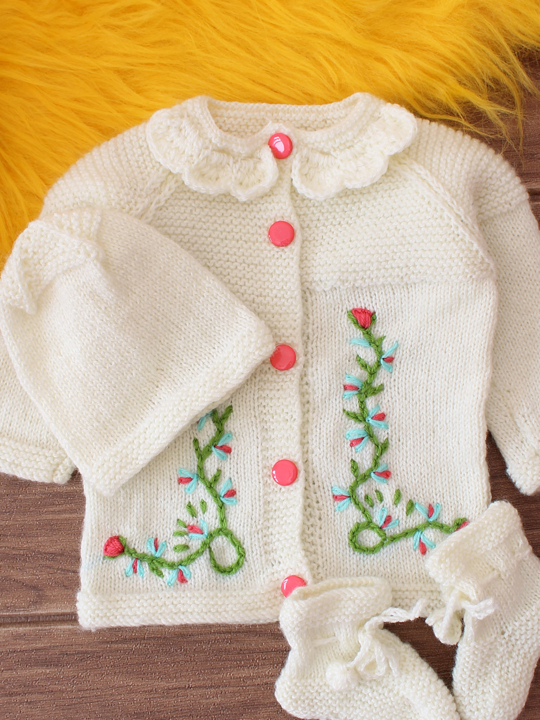 Embroidered Baby Sweater Set - White