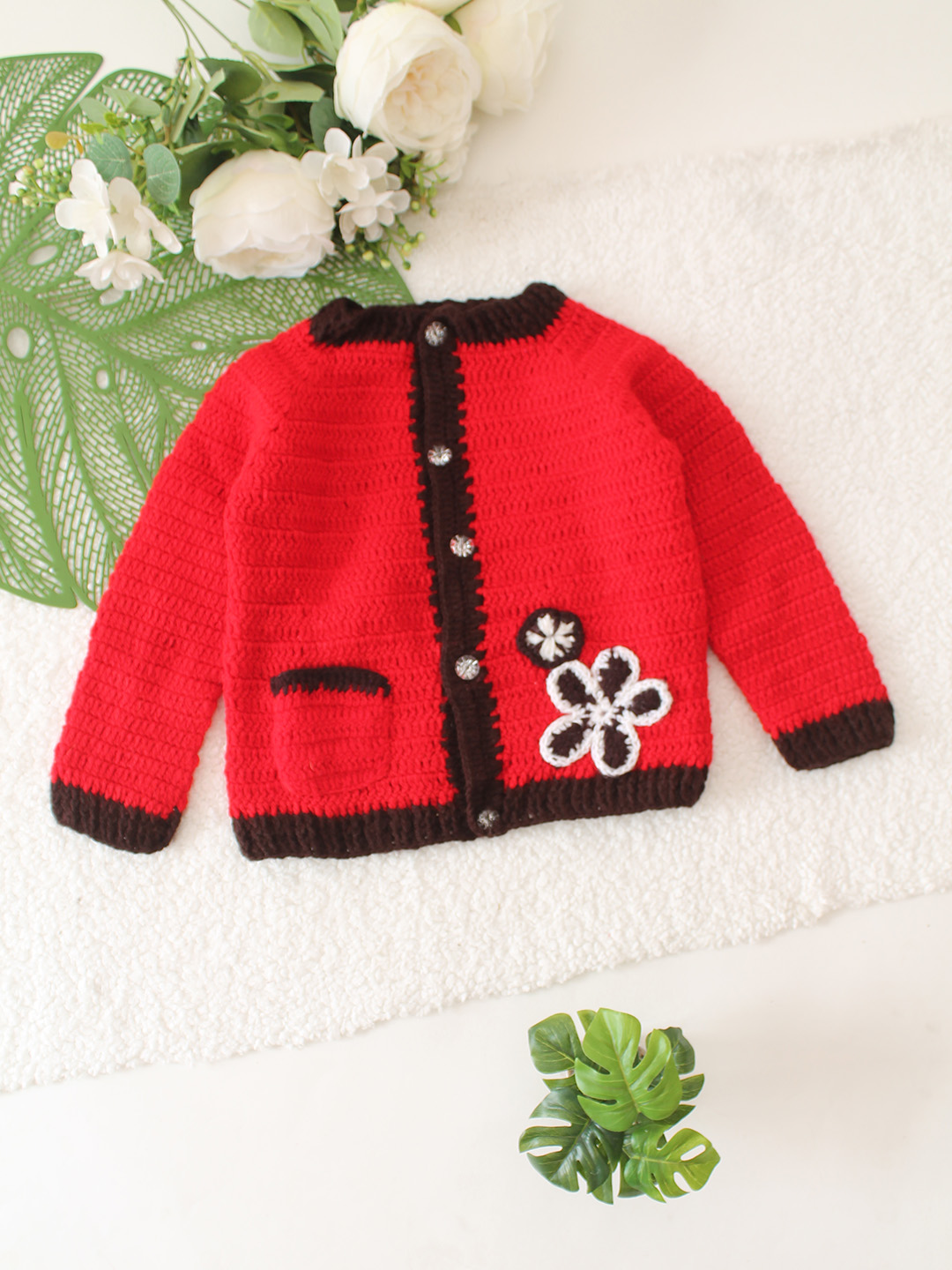 Floral Cardigan with Pocket Detail - Red