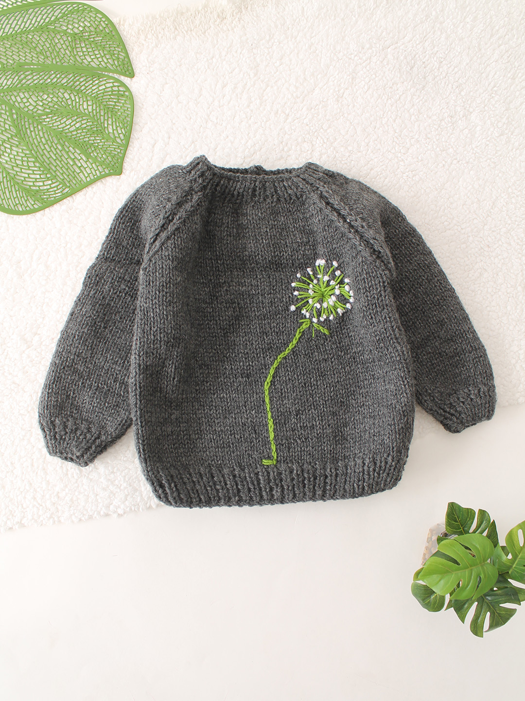 Embroidered Flower with Stem Sweater - Grey