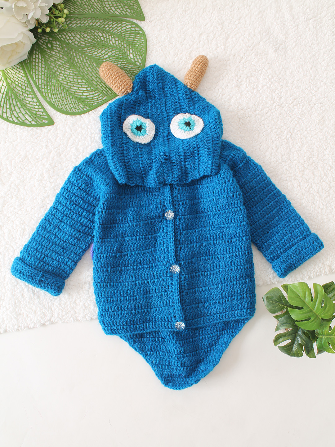 Hooded Dinasaur Sweater with Horns - Blue