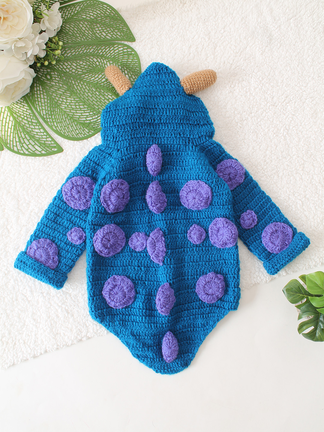Hooded Dinasaur Sweater with Horns - Blue
