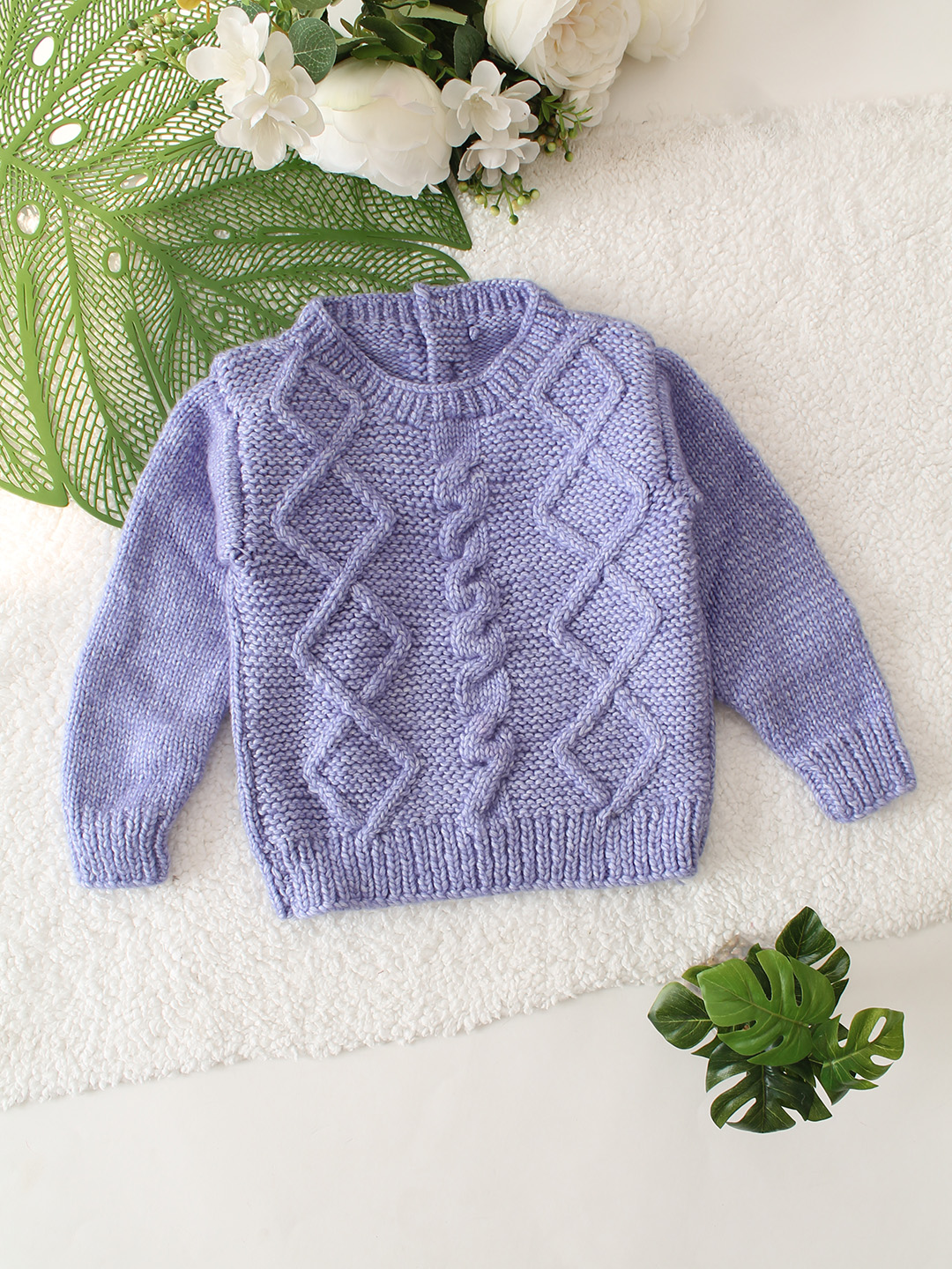 Cable Knit Round Neck Sweater - Purple