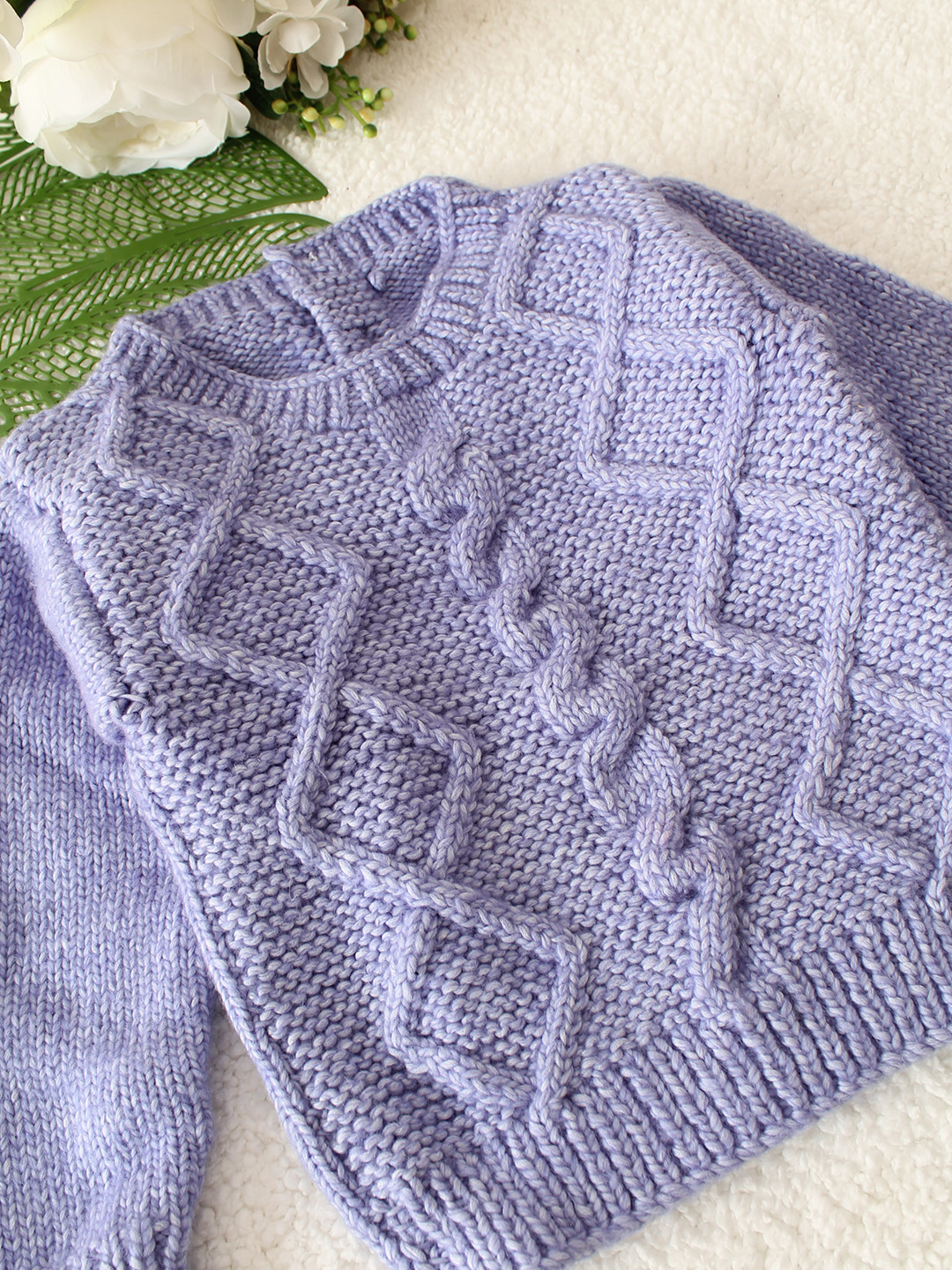 Cable Knit Round Neck Sweater - Purple