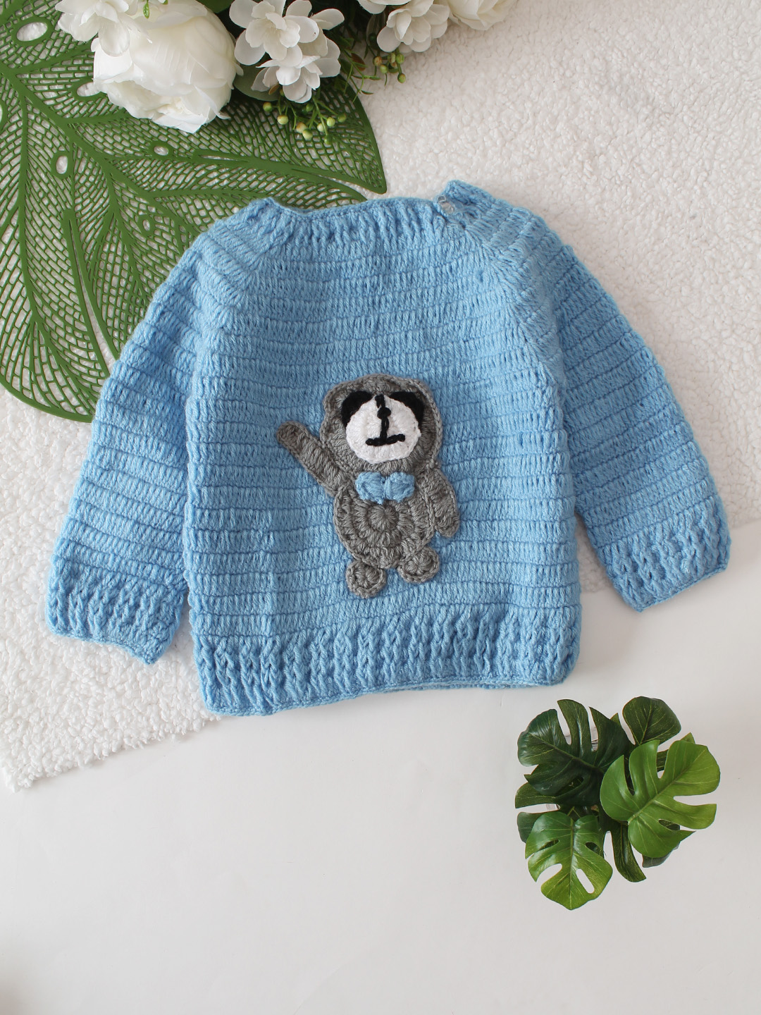 Bear Applique Crochet Sweater - Light Blue