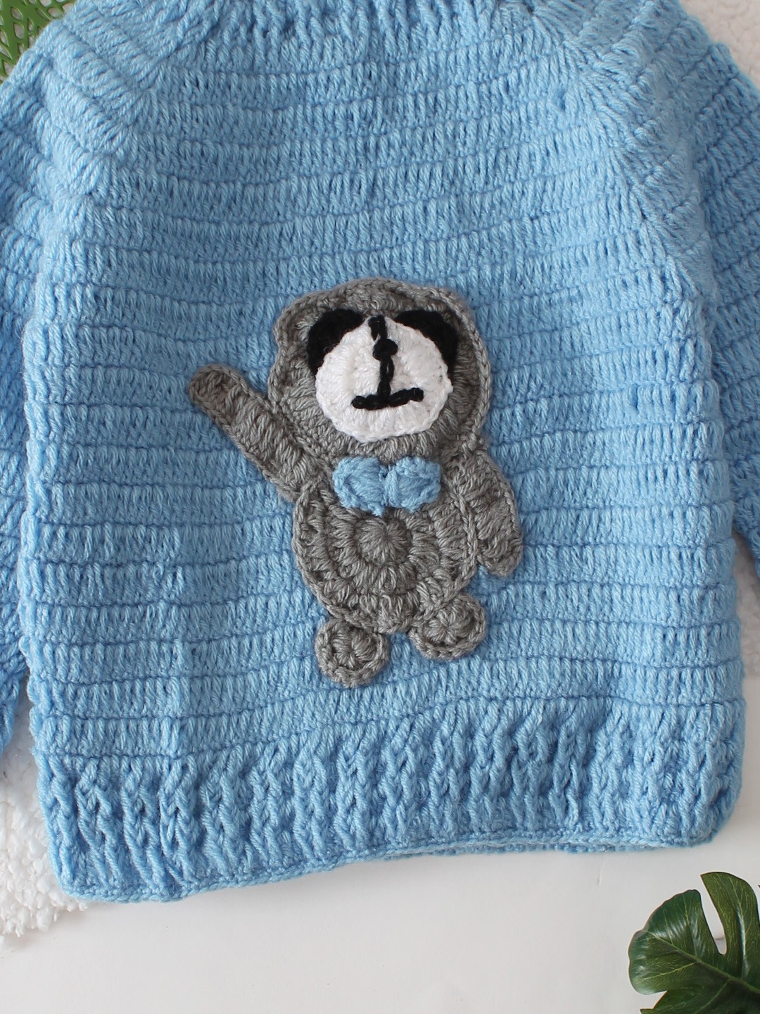 Bear Applique Crochet Sweater - Light Blue