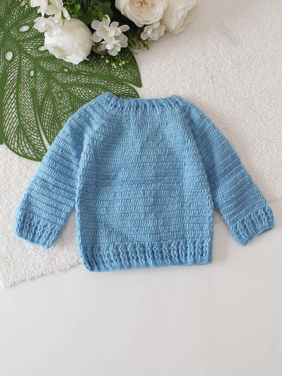 Bear Applique Crochet Sweater - Light Blue