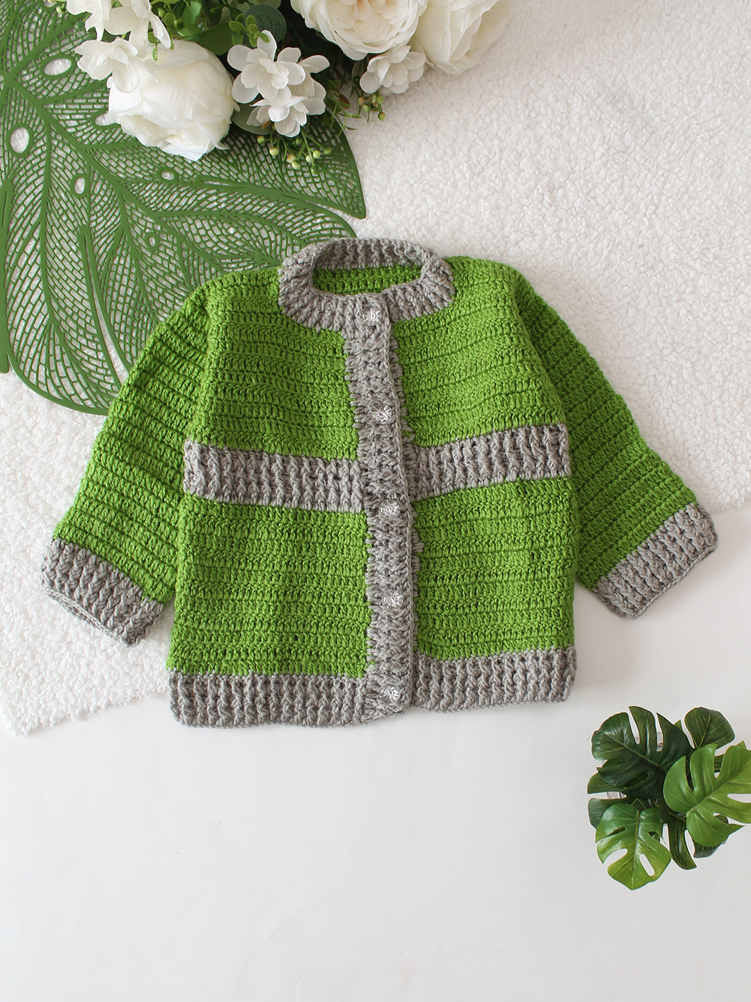 Contrast Corder Cochet Cardigan - Green